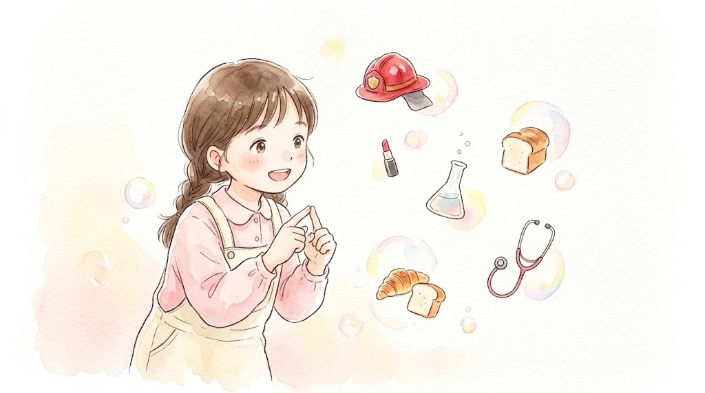 女の子が指を折って数えながら話している水彩画。まわりに消防士のヘルメット、口紅、フラスコ、パン、聴診器が浮かんでいる
