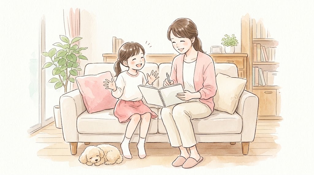 ソファに並んで座り、ノートをのぞきこんで笑う母と娘（イラスト）
