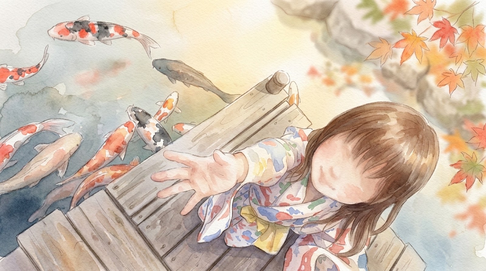 池の桟橋から錦鯉に餌をやる浴衣の女の子（水彩画イラスト）