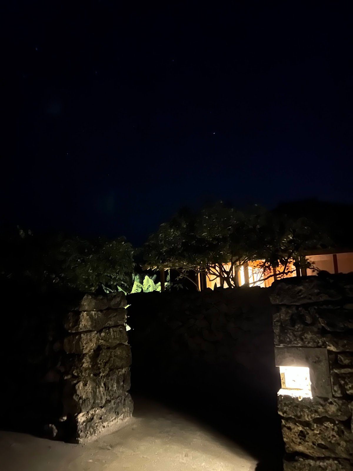 夜の竹富島の石垣塀